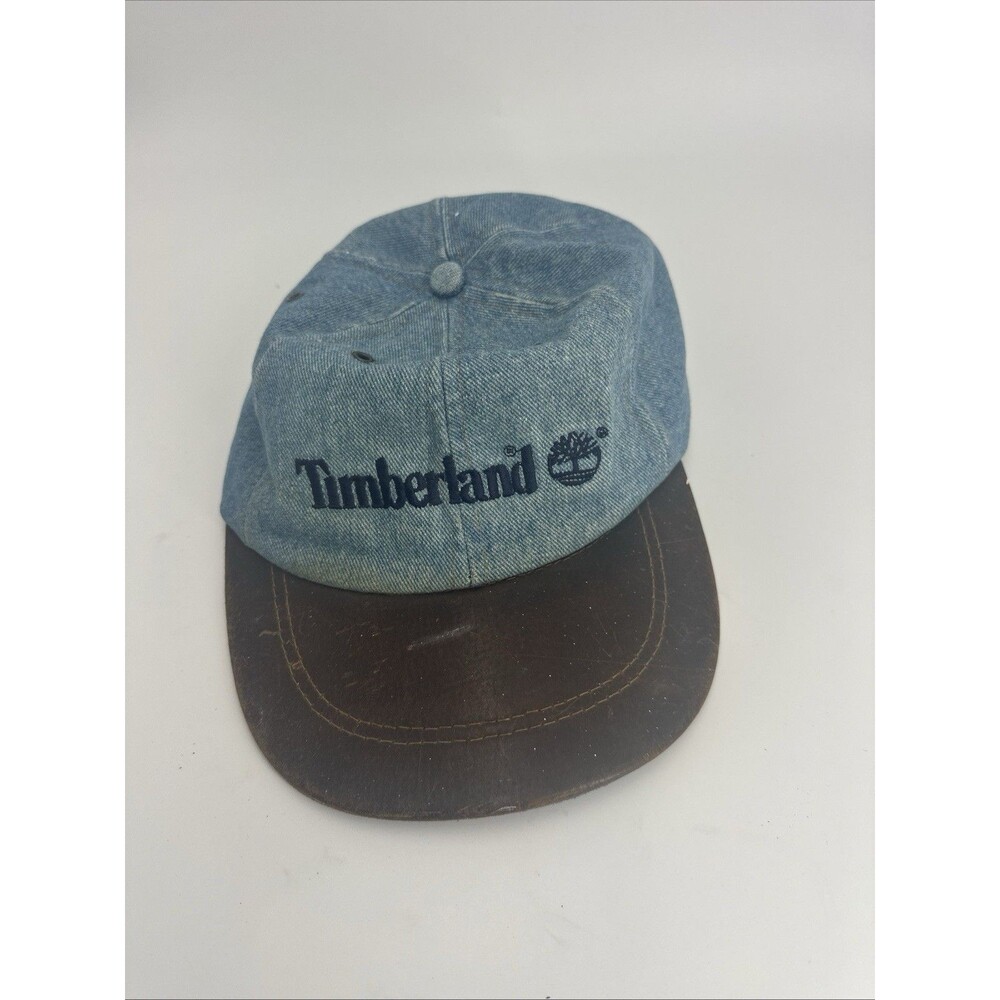 VINTAGE TIMBERLAND HAT CAP STRAPBACK MENS ONE SIZE BLUE DENIM LEATHER BRIM